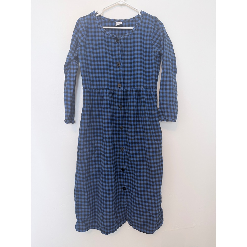 Vintage Carole Gingham Cotton Midi Dress Blue Black Button Front USA Made Small